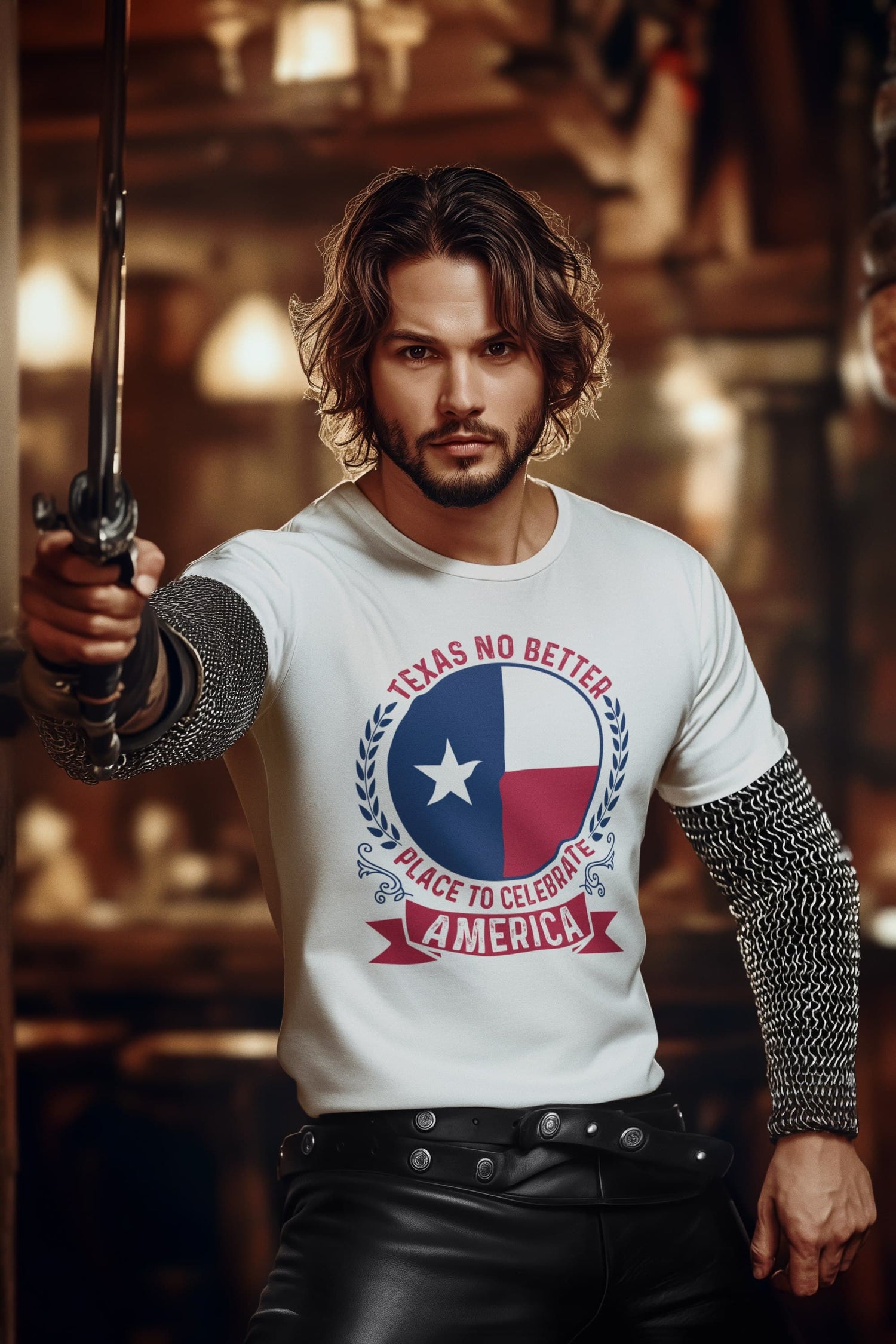 Man wearing a white t-shirt with a patriotic design, holding a sword in a dimly lit room.