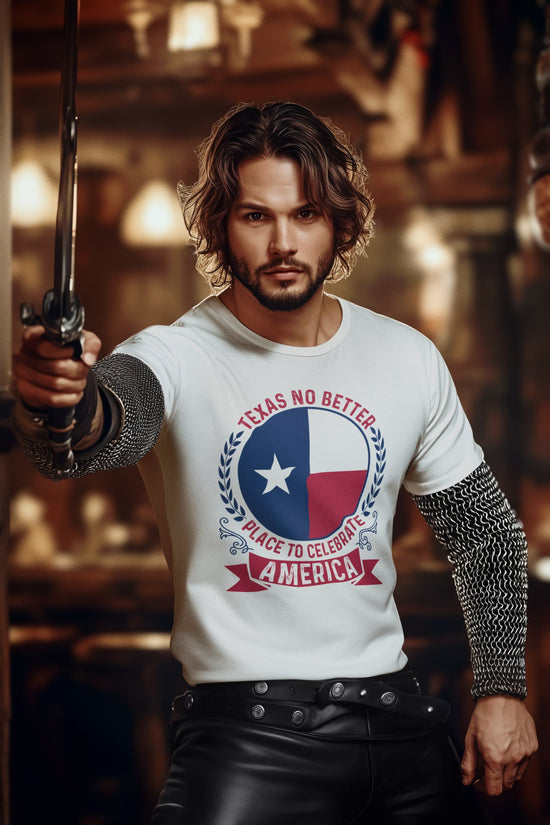 Man wearing a white t-shirt with a patriotic design, holding a sword in a dimly lit room.