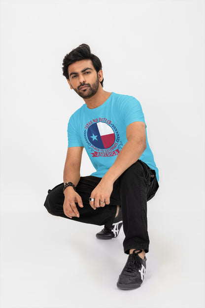 Man wearing a blue t-shirt with a logo, sitting on a white background