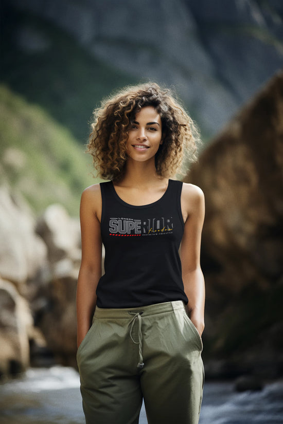 Woman wearing a black tank top with &