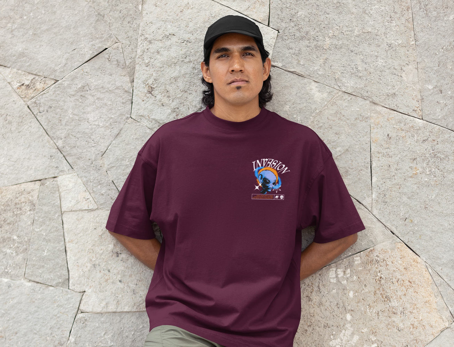 Men's Burgundy Oversized Round Neck T-shirt