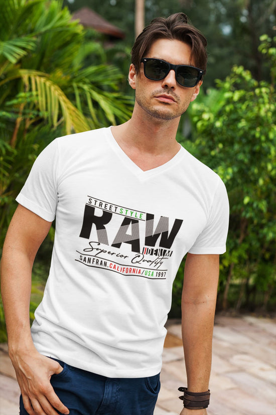Man wearing a white t-shirt with &