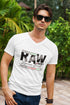 Man wearing a white t-shirt with &
