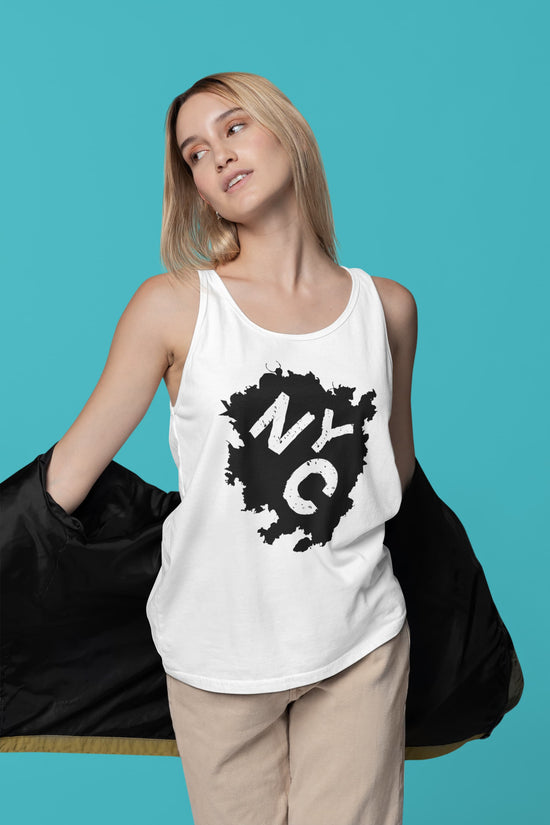 Woman wearing a white tank top with &