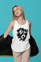 Woman wearing a white tank top with &