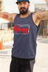 Man wearing a navy tank top with &