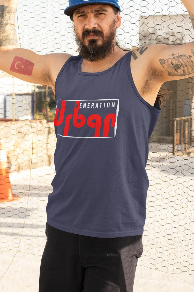 Man wearing a navy tank top with &