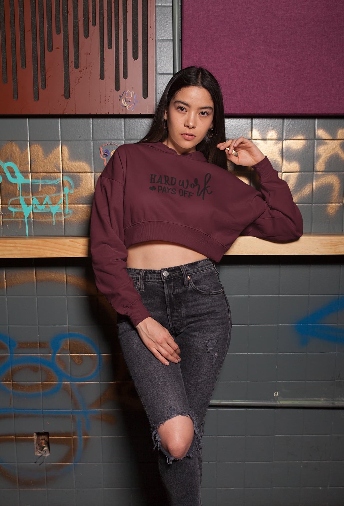 Karavirs® Hardwork Maroon crop hoodie for women India