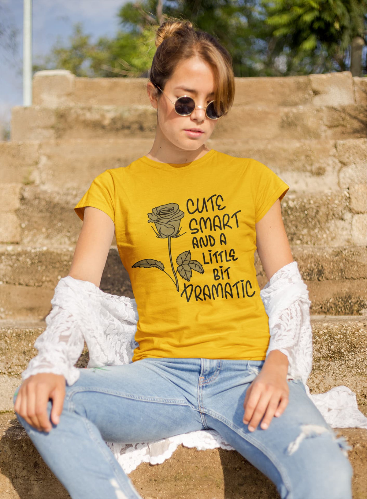 Karavirs® Clever Golden Yellow graphic tee for women India