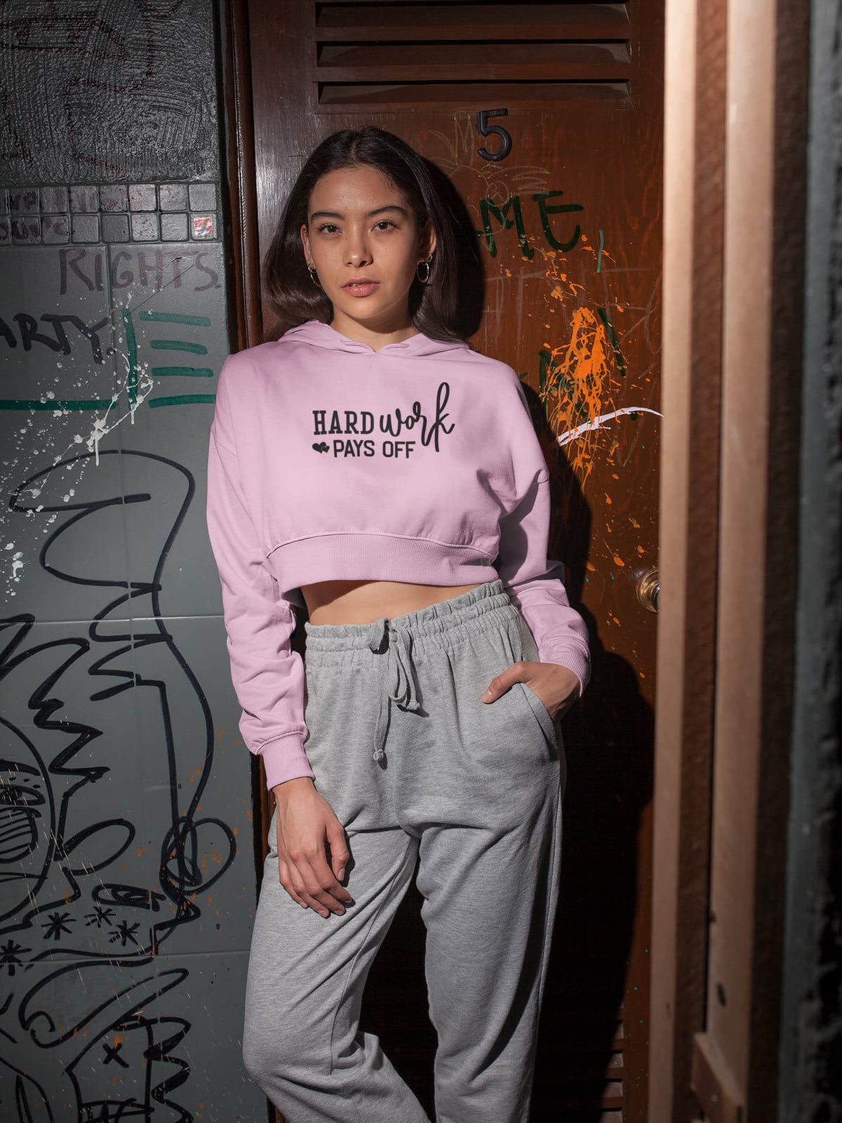 Karavirs® Hardwork Light Pink crop hoodie for women India