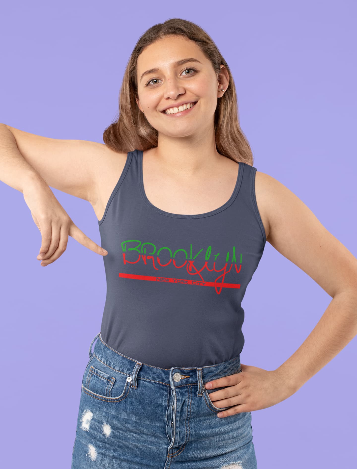 Woman wearing a tank top with &