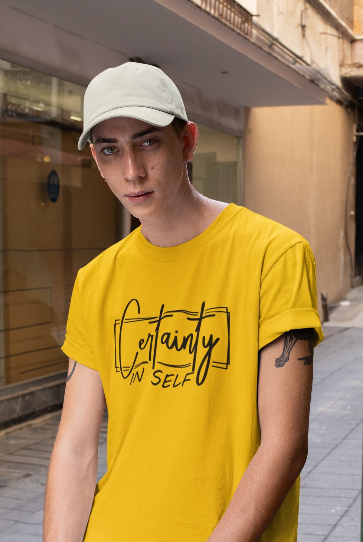 Karavirs® Certainty Golden Yellow graphic tee for men India