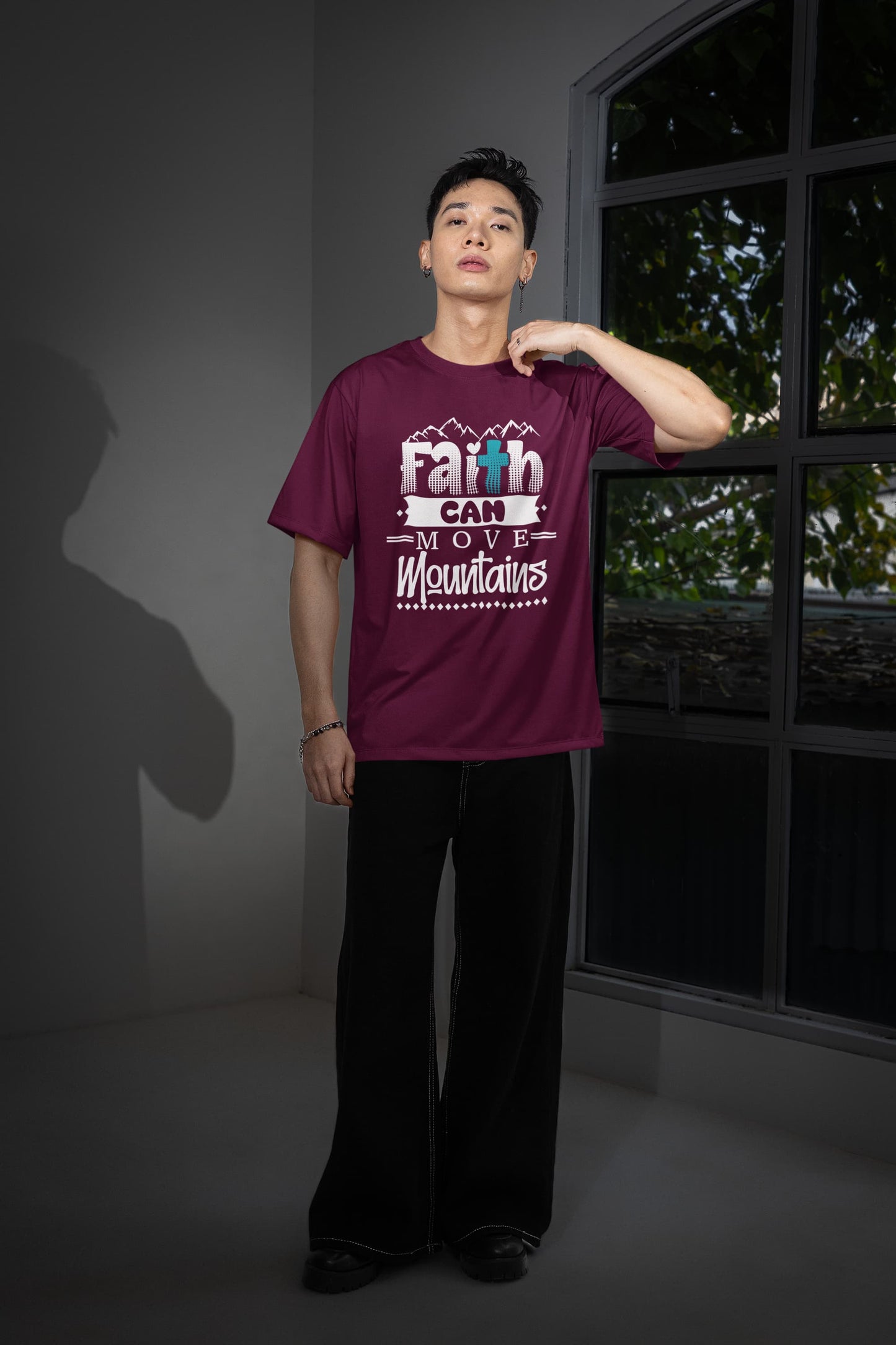 MENS BURGUNDY OVERSIZED ROUNDNECK T-SHIRT