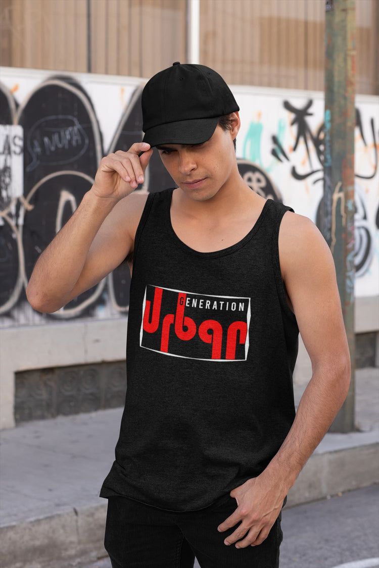 Person wearing a black tank top with &