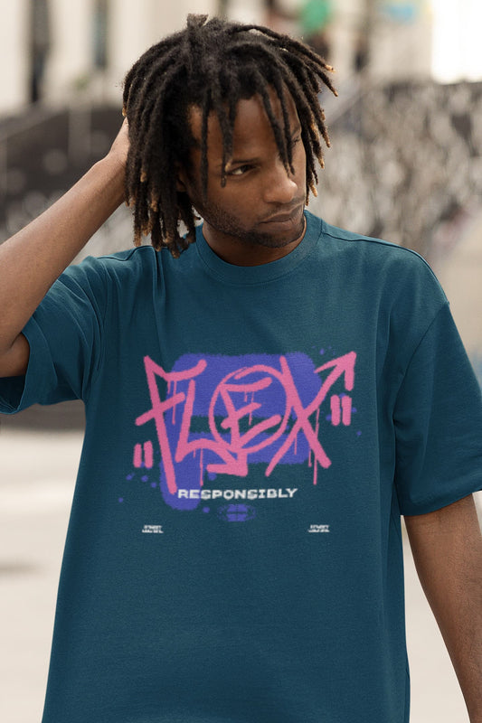 Person wearing a teal t-shirt with pink and purple 'Flex Responsibly' graphic design.