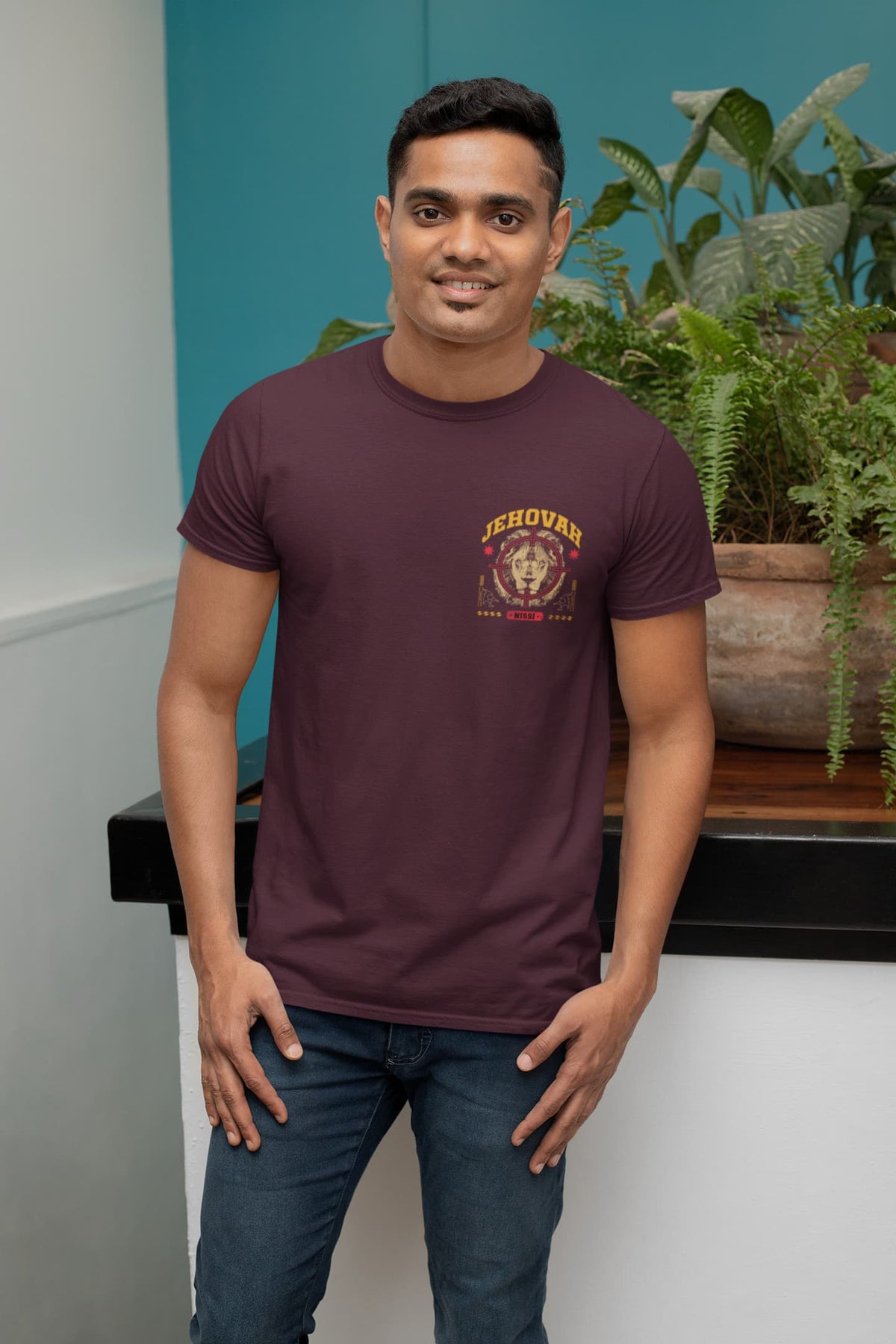 Men's Burgundy Round Neck T-shirt