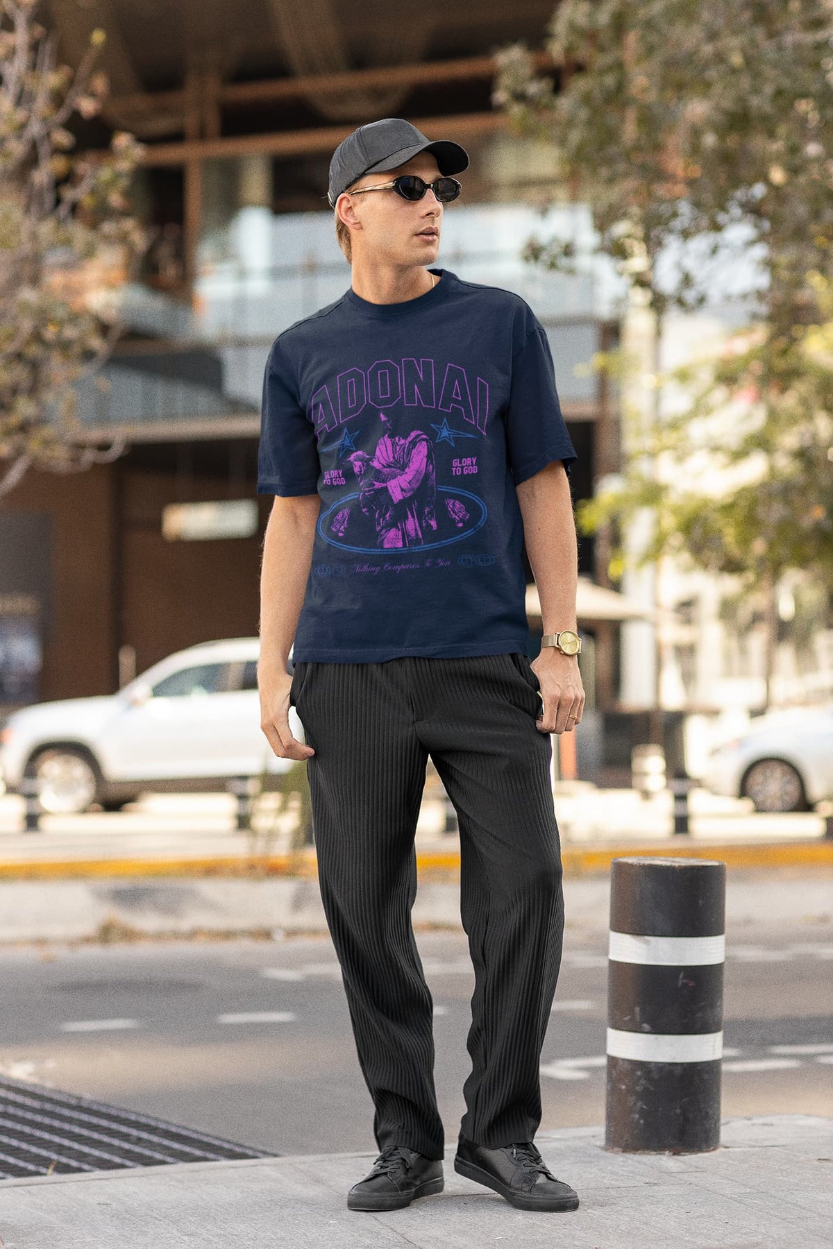 Men's Navy Blue Oversized Round Neck T-shirt