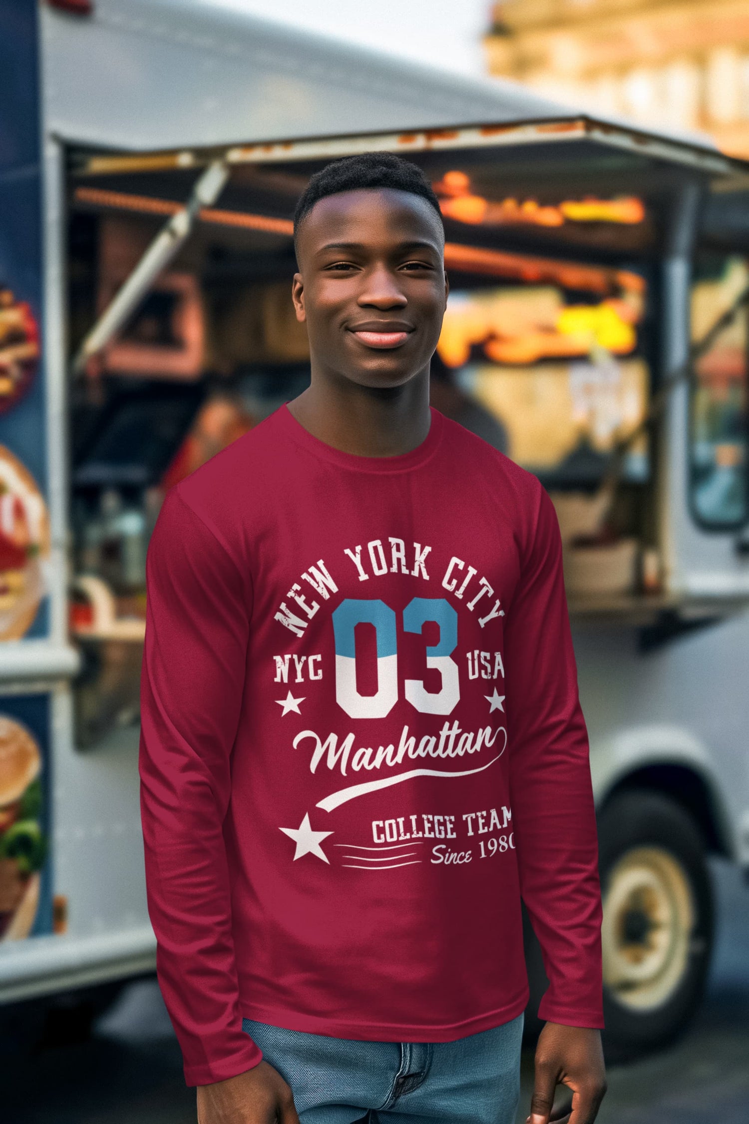 Person wearing a red long-sleeve shirt with &