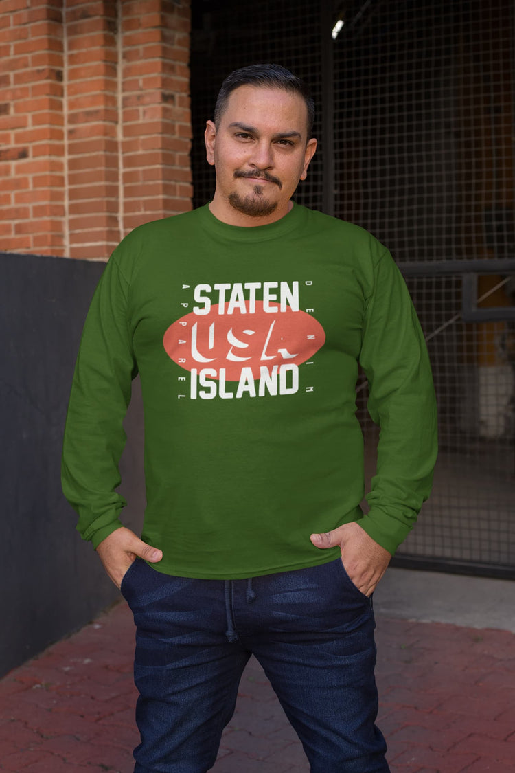 Man wearing a green long-sleeve shirt with &
