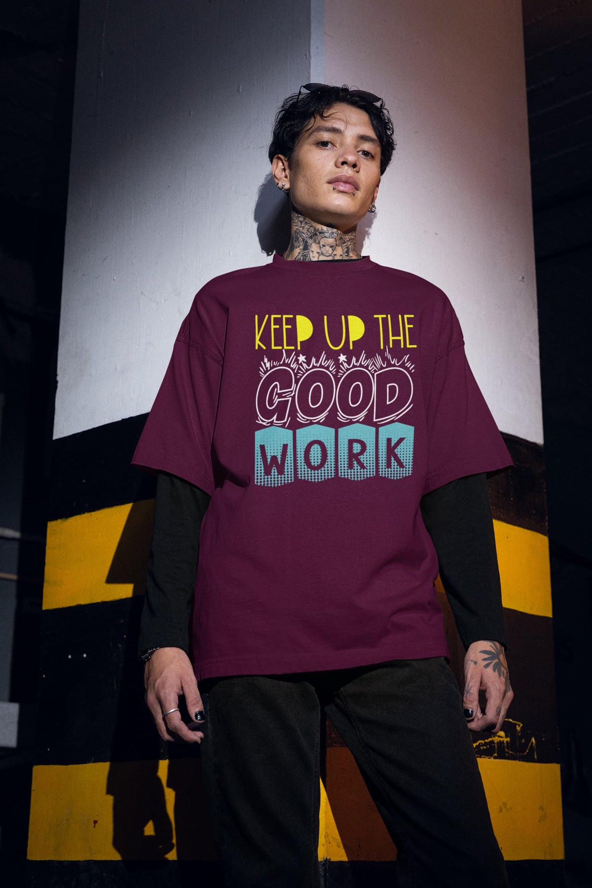MENS BURGUNDY OVERSIZED ROUNDNECK T-SHIRT