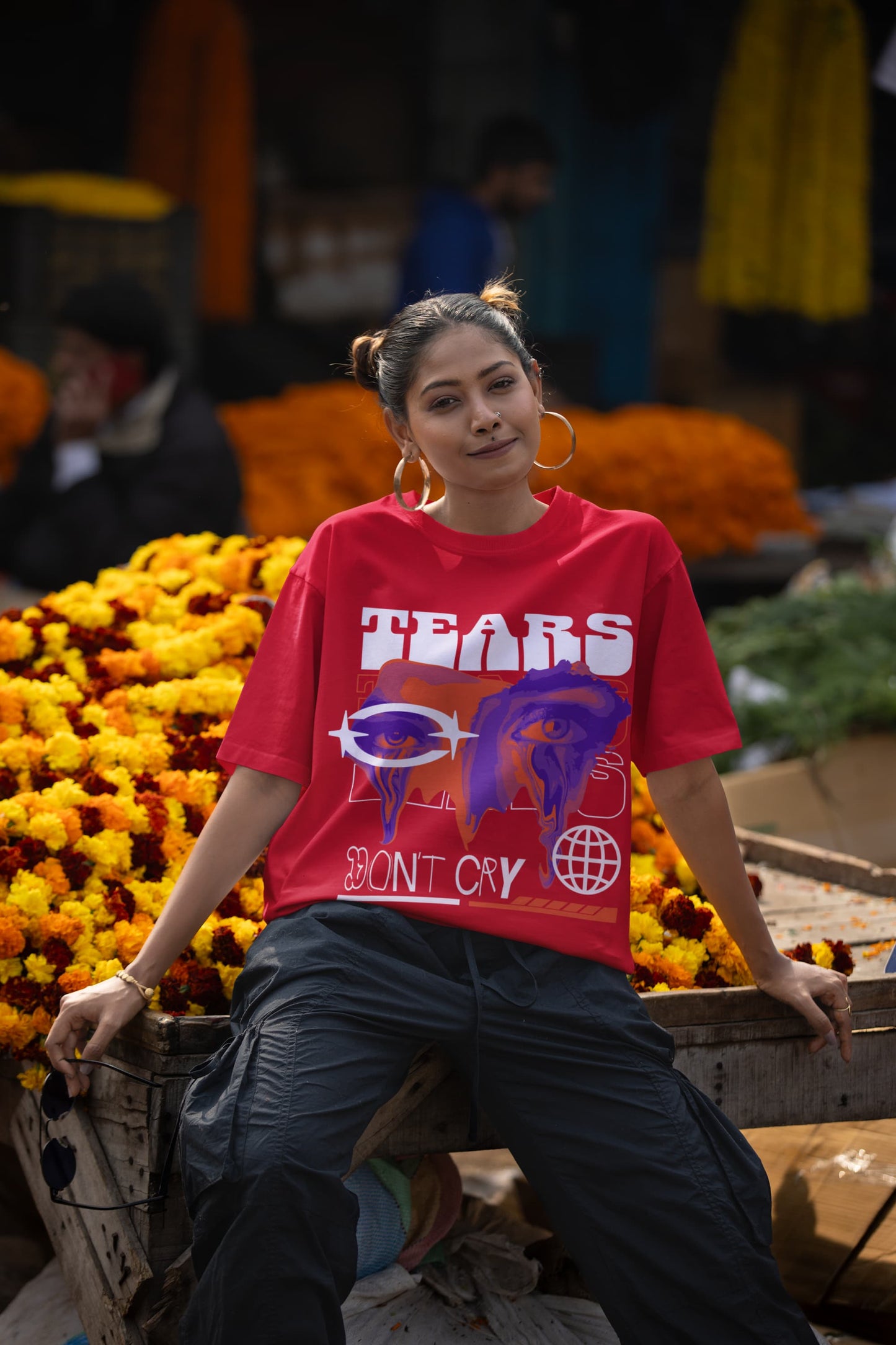 Women's Red Oversized Round Neck T-shirts