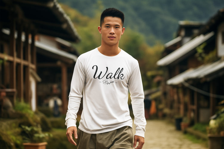 Man wearing a white long-sleeve shirt with &