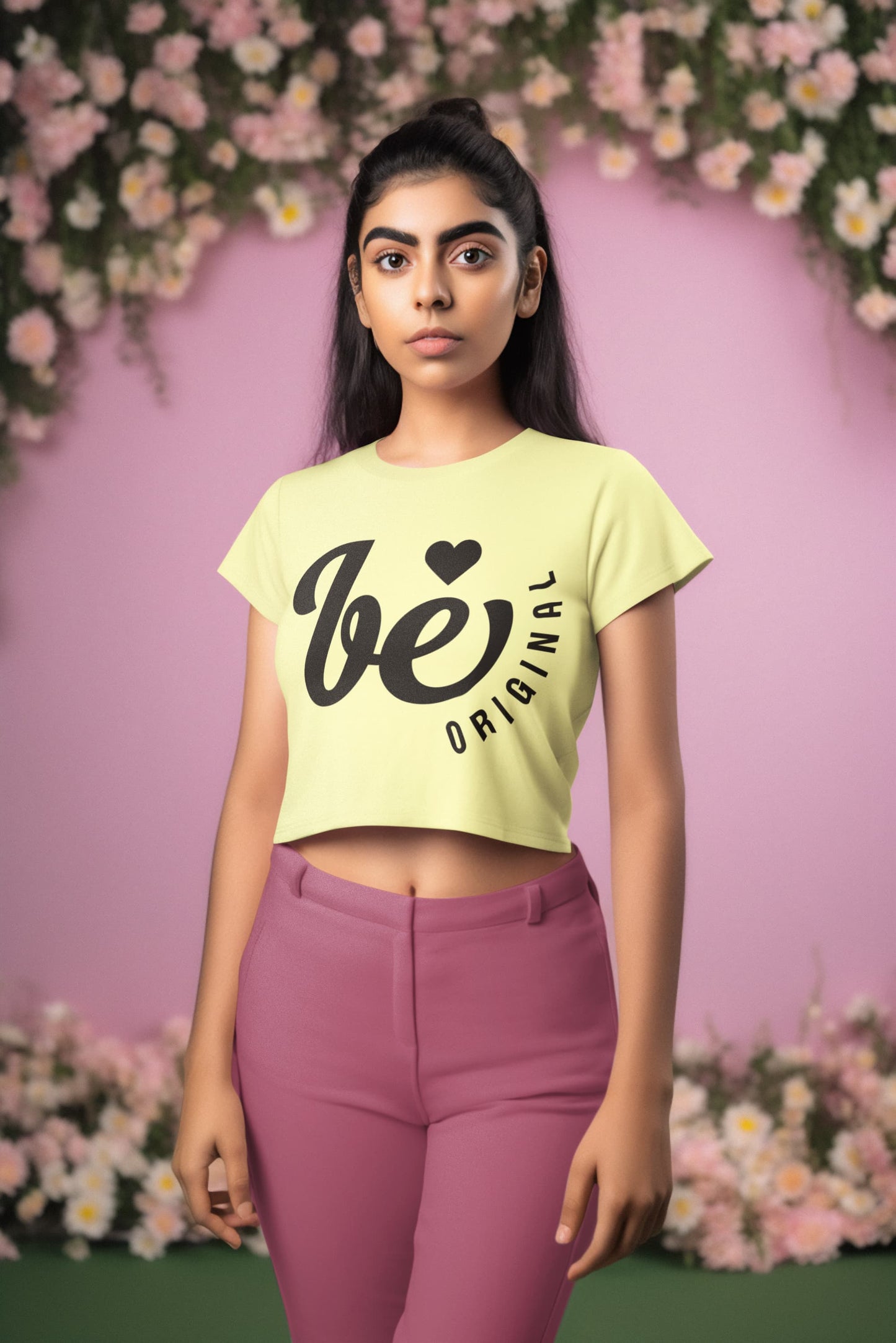Woman wearing a light yellow t-shirt with text and pink pants against a floral background