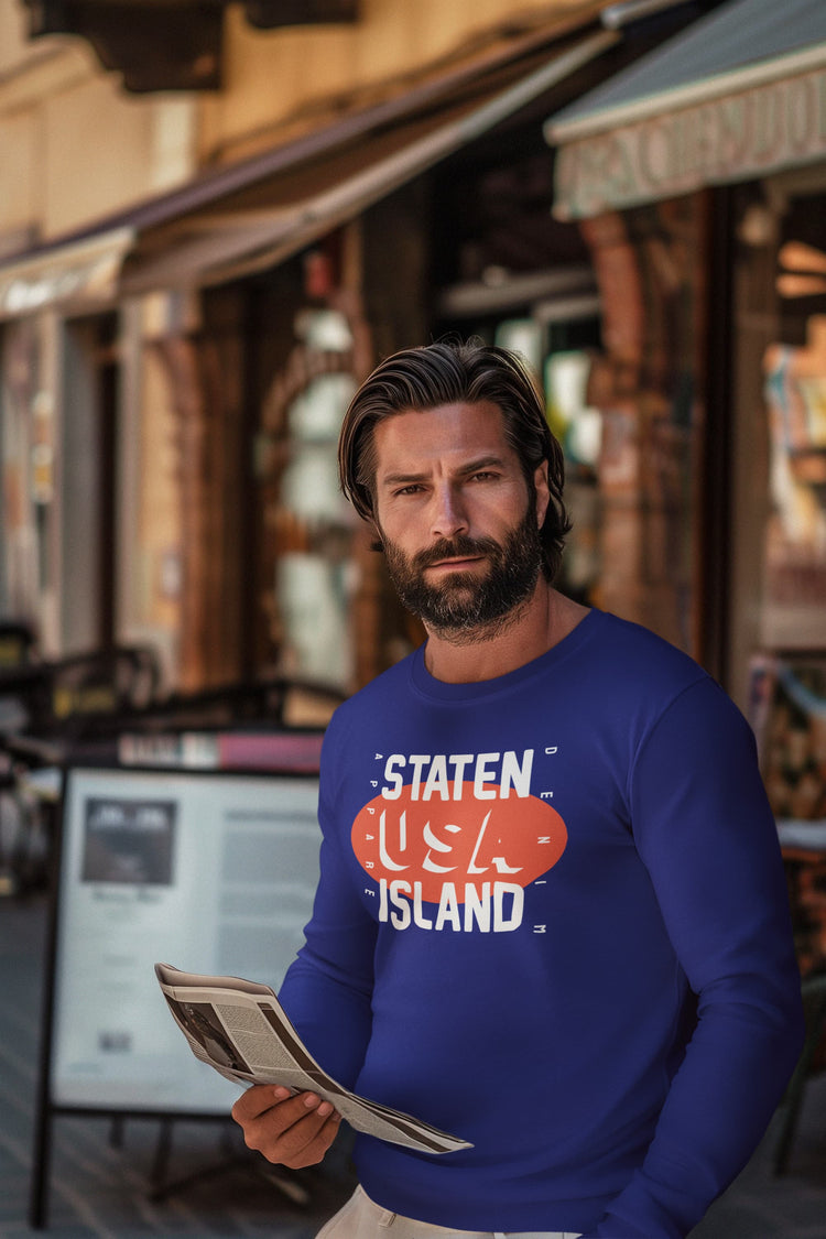 Man wearing a blue sweatshirt with &