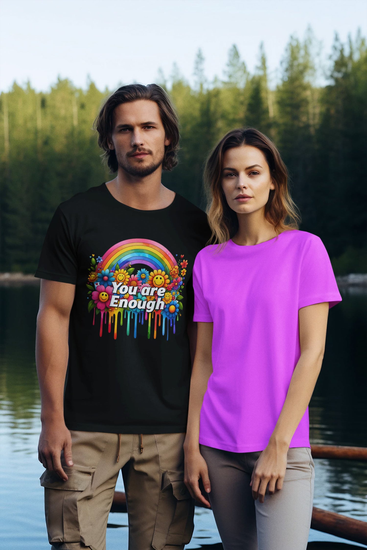 Two people standing by a lake with one wearing a black t-shirt with a colorful design and the other wearing a purple t-shirt.