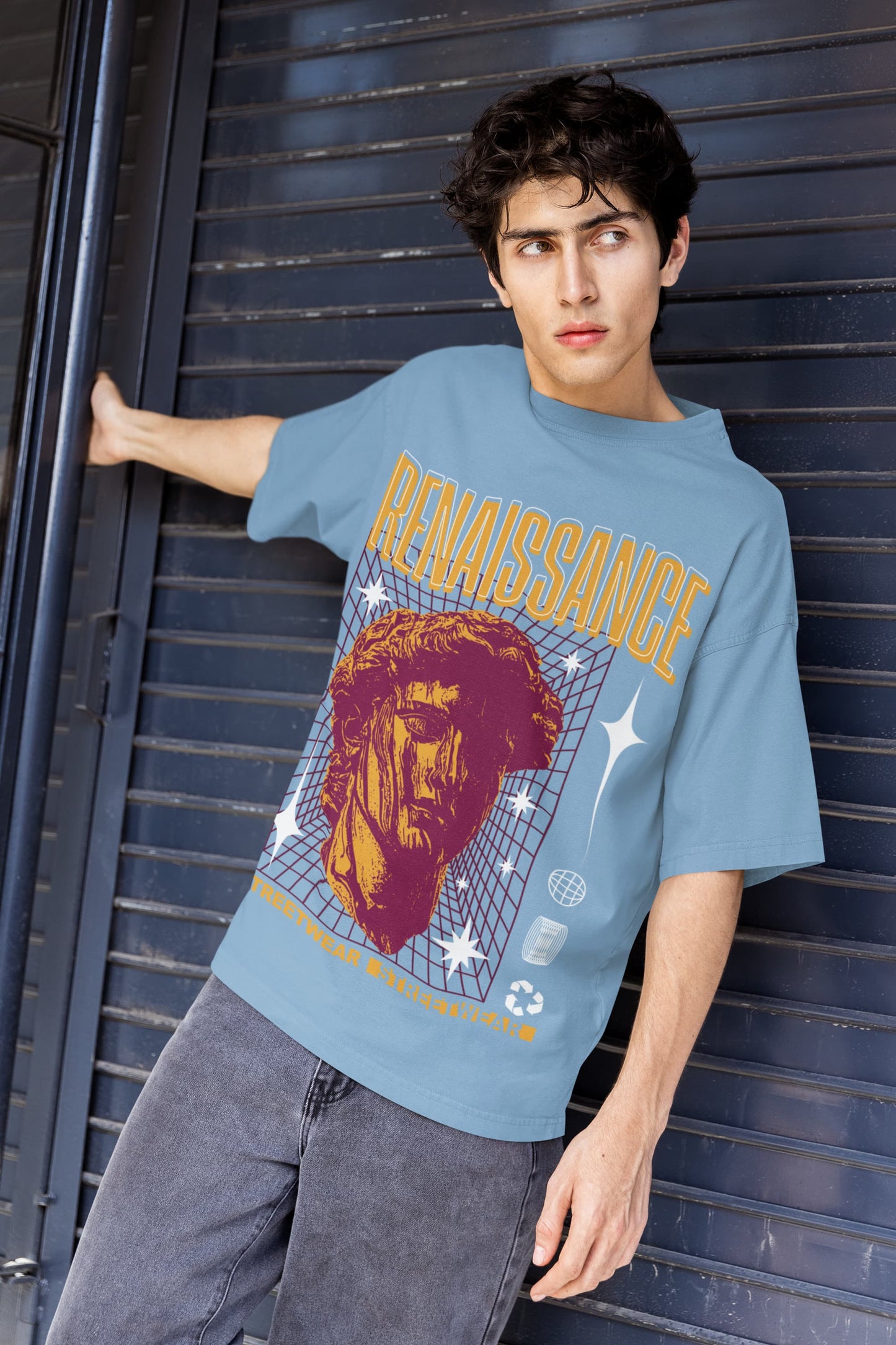 Men's Baby Blue Oversized Round Neck T-shirts