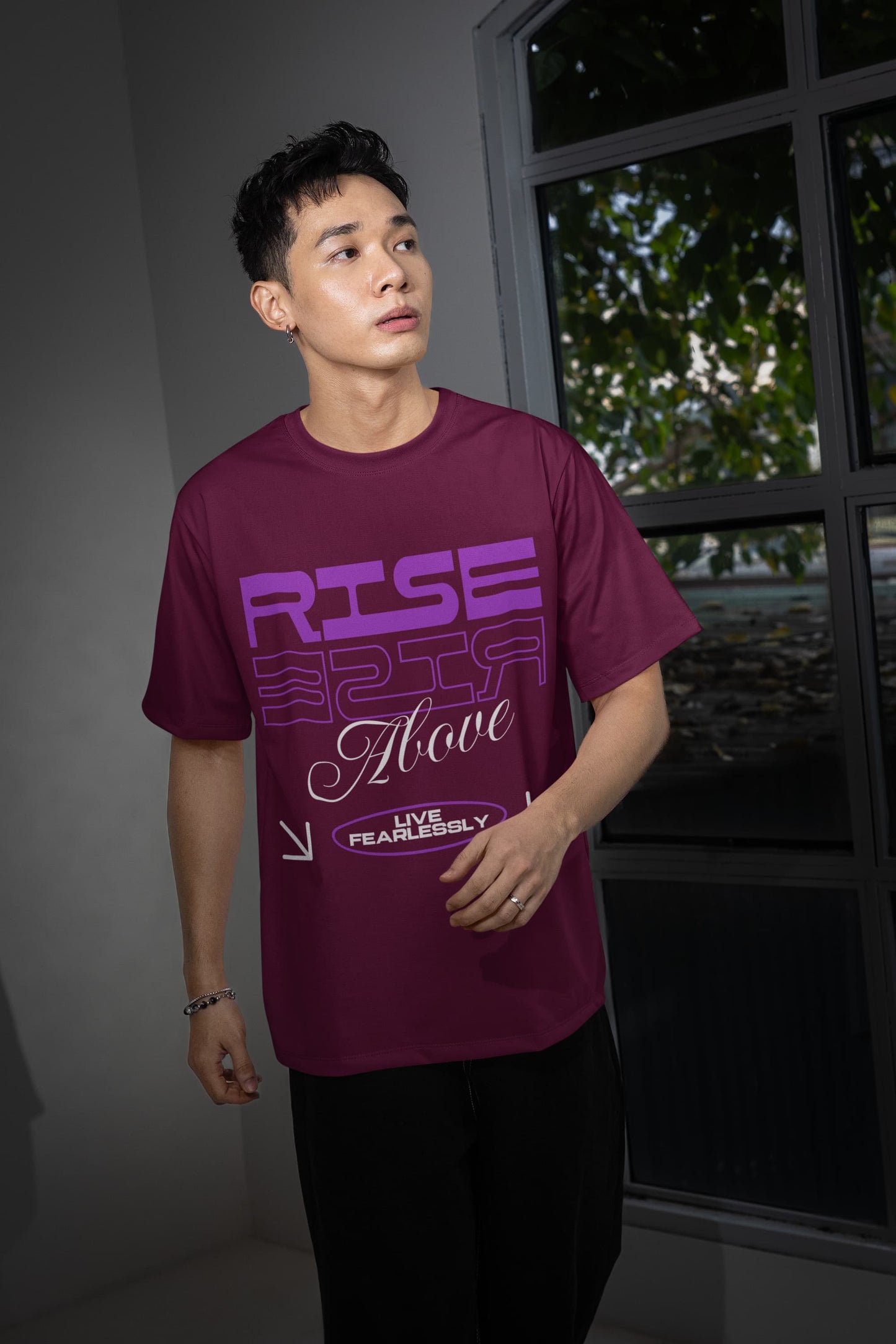 Men's Burgundy Oversized Round Neck T-shirts
