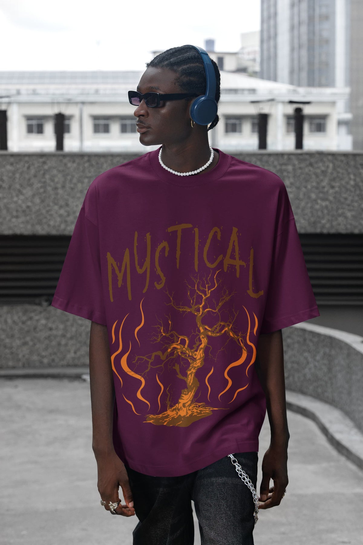 Men's Burgundy Oversized Round Neck T-shirts