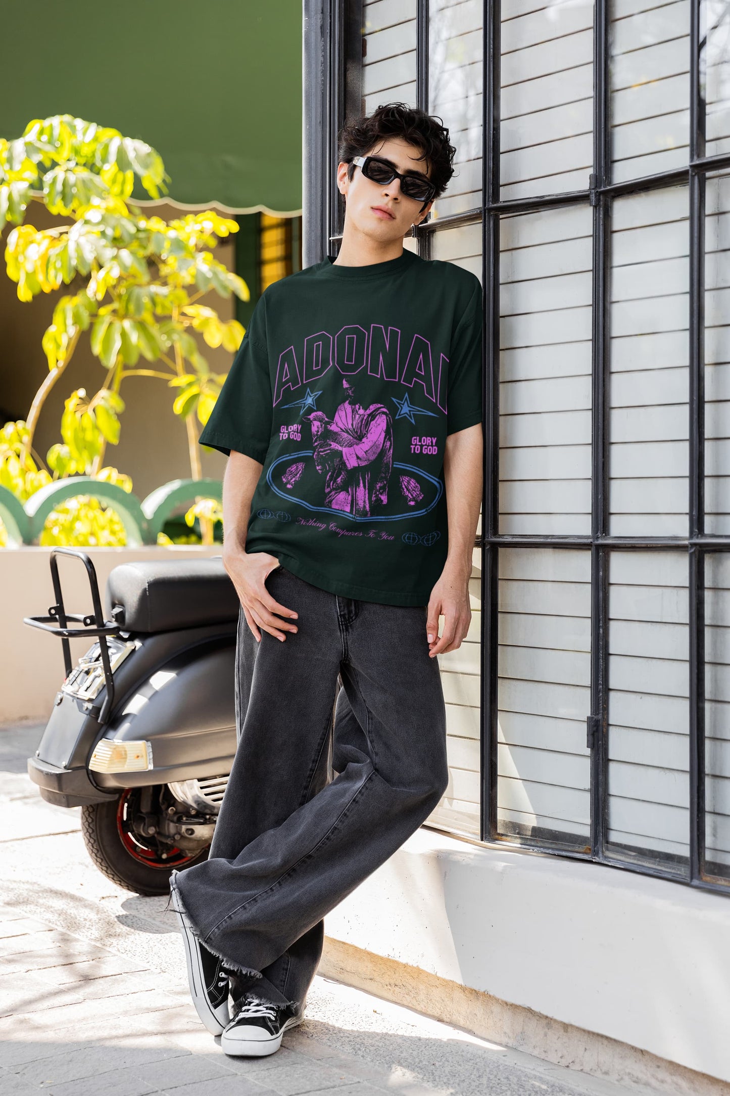Men's Bottle Green Oversized Round Neck T-shirt