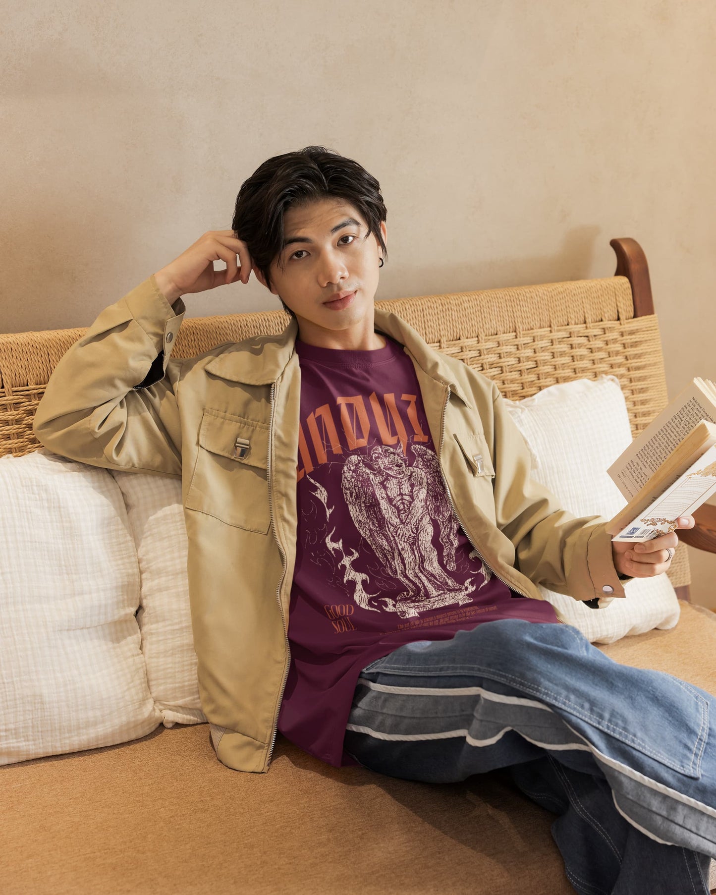 Men's Burgundy Oversized Round Neck T-shirts