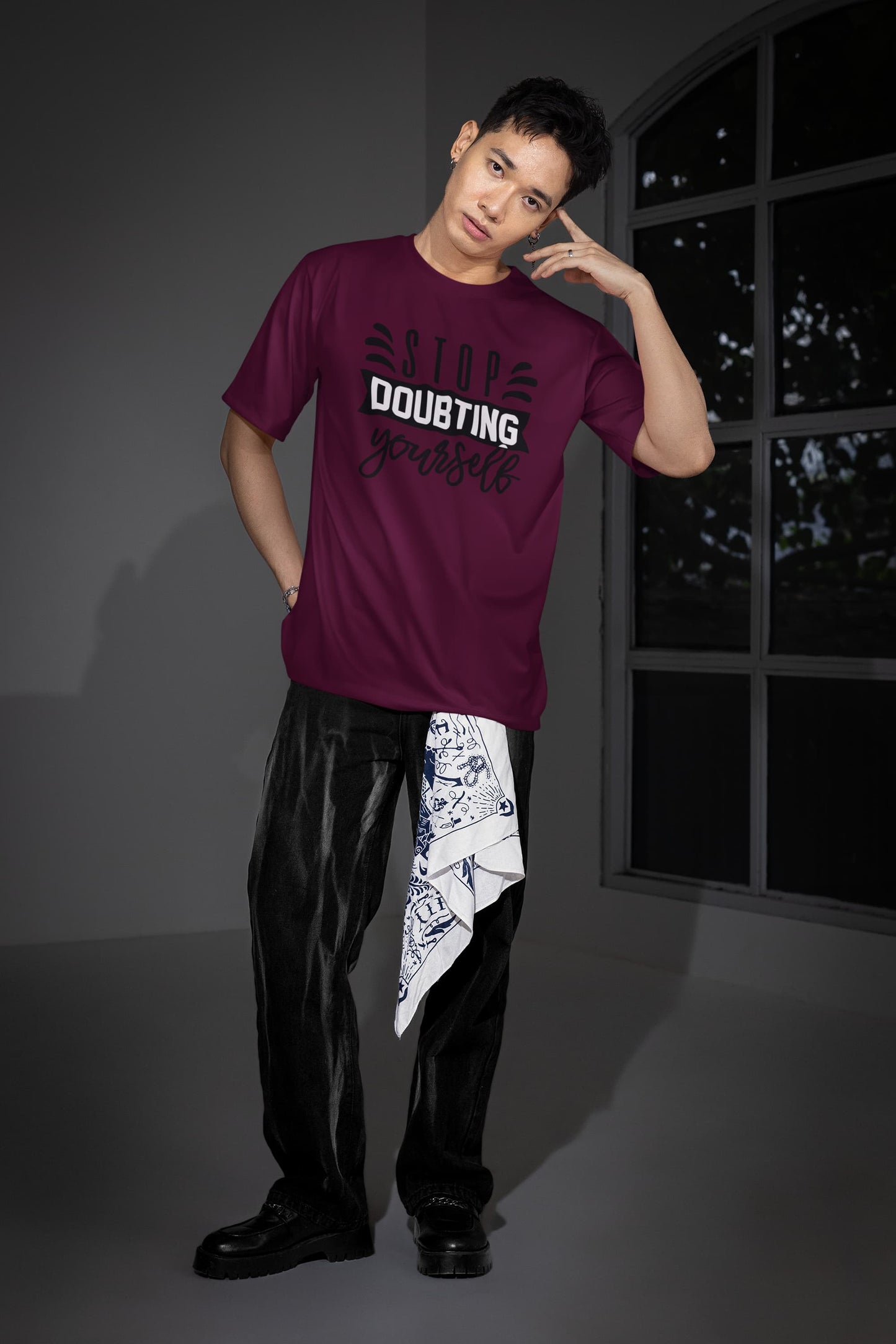 MENS BURGUNDY OVERSIZED ROUNDNECK T-SHIRT