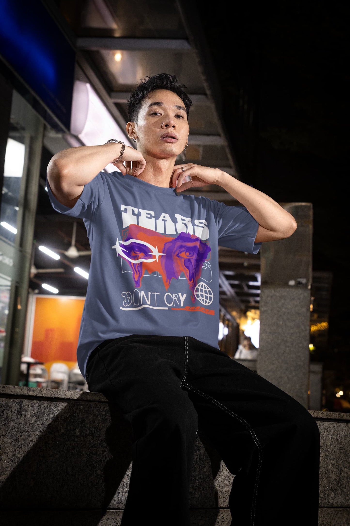 Men's Steel Grey Oversized Round Neck T-shirts