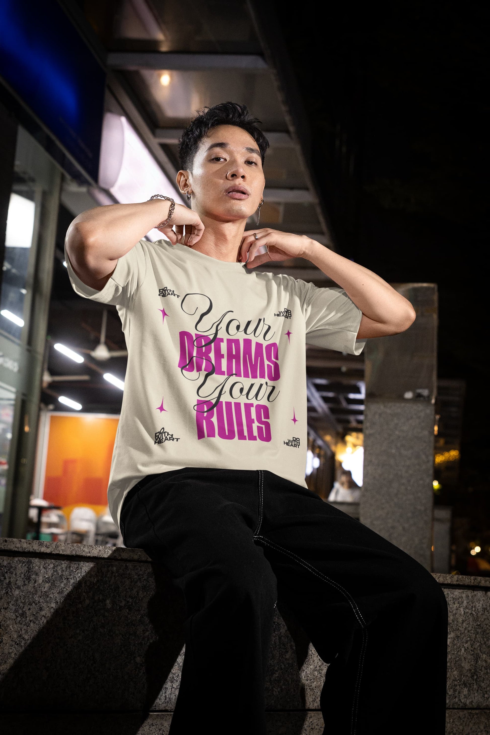 Men's Off White Oversized Round Neck T-shirts