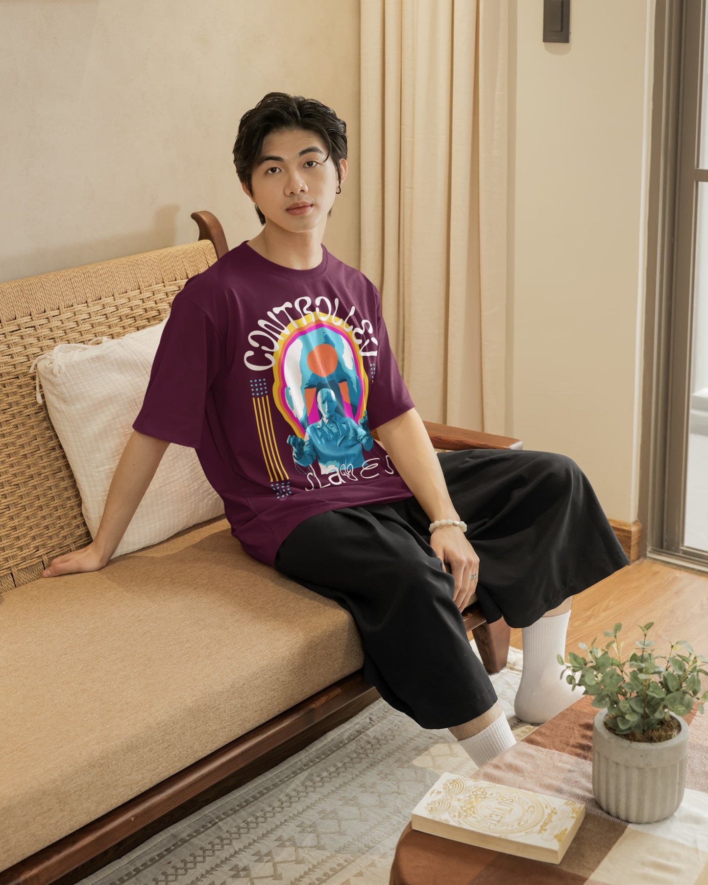 Men's Burgundy Oversized Round Neck T-shirts