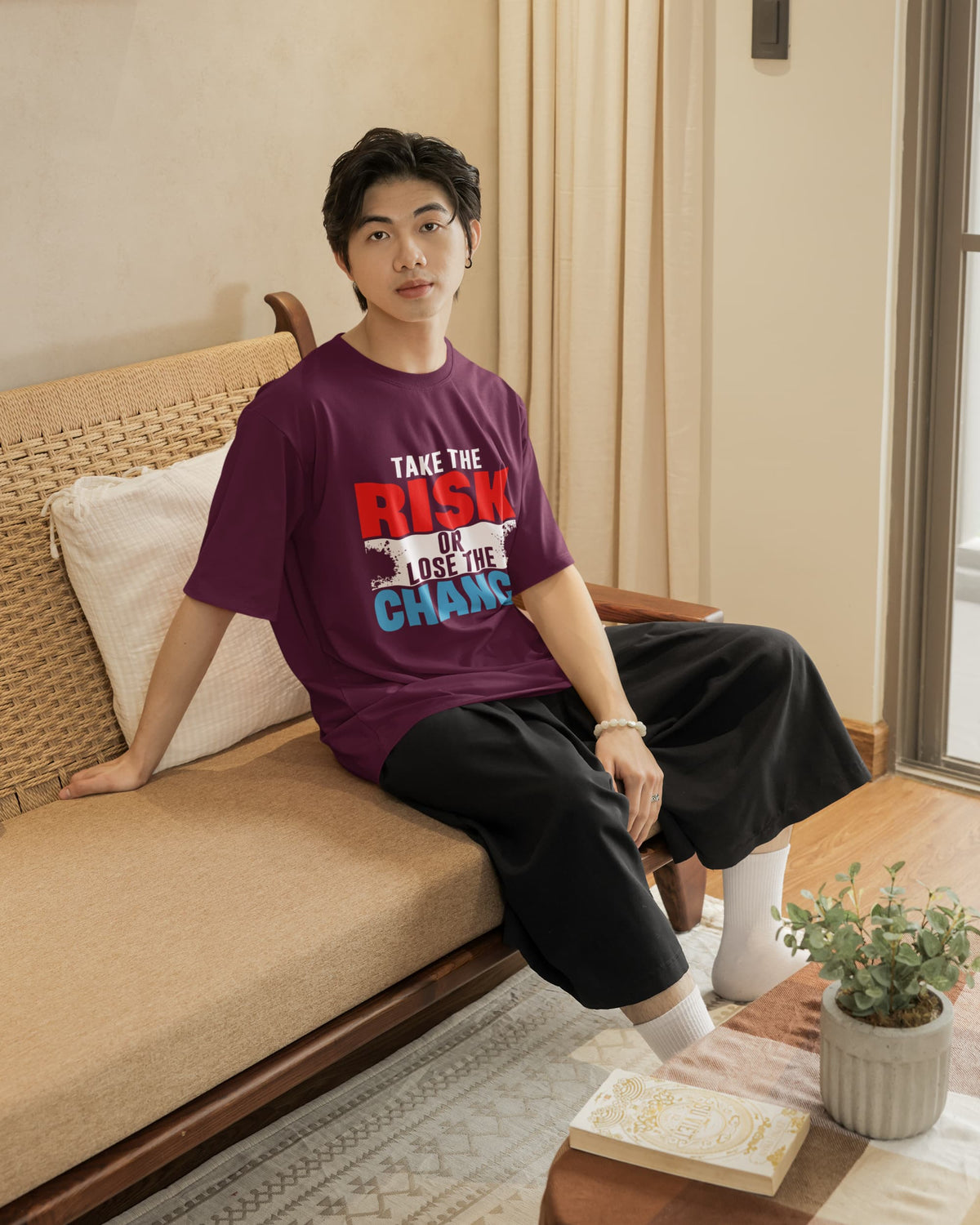 Karavirs® Daredevil Burgundy oversized tee for men India