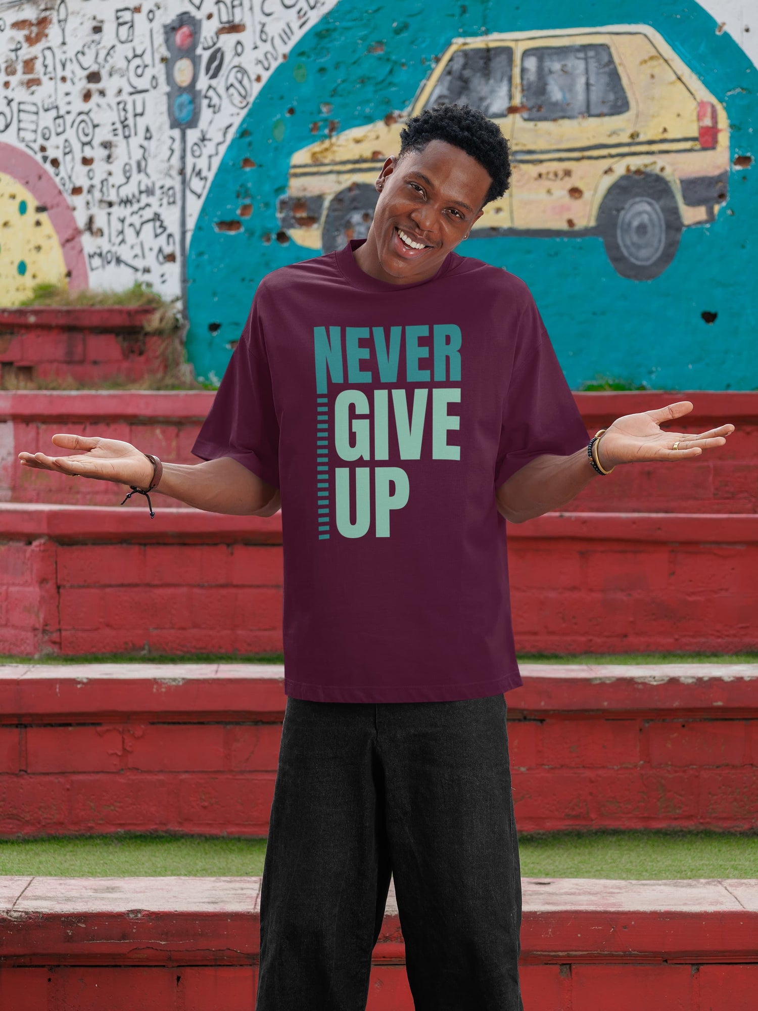 MENS BURGUNDY OVERSIZED ROUNDNECK T-SHIRT 