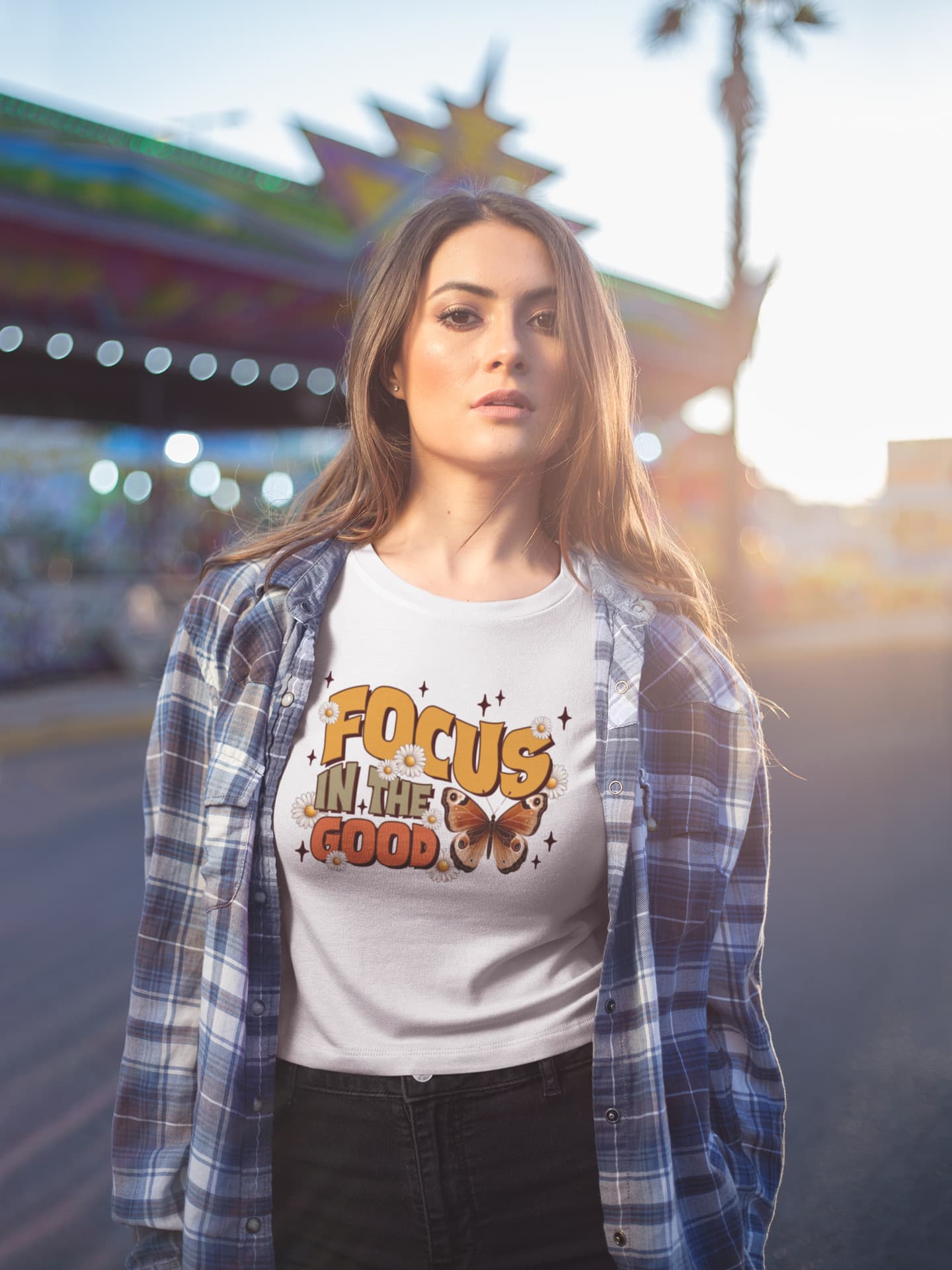 Woman wearing a t-shirt with &