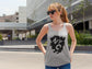 Woman wearing a gray tank top with &