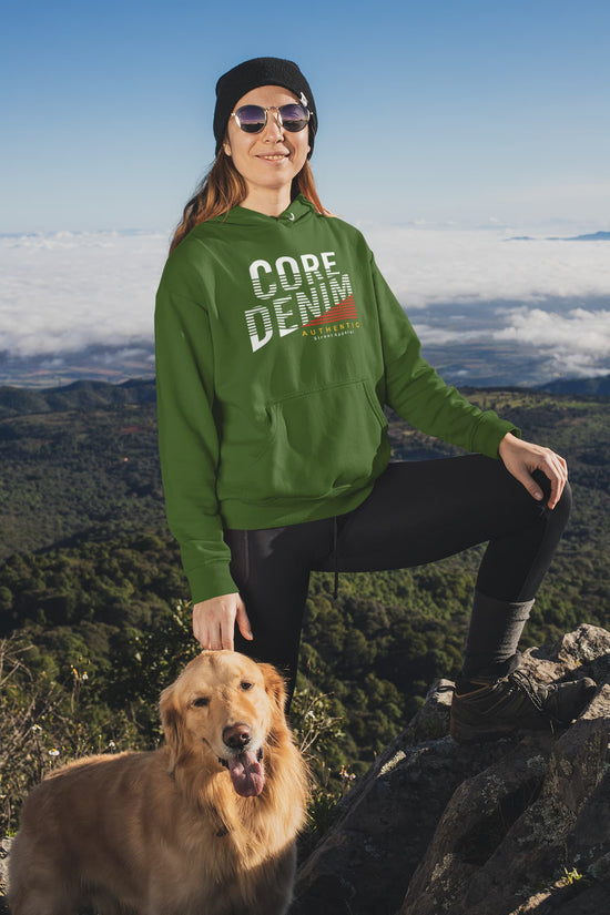 Person wearing a green hoodie with &