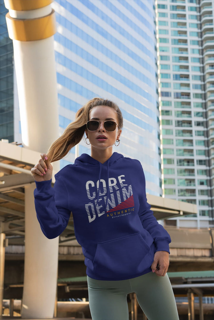Woman wearing a blue hoodie with &
