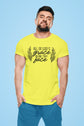 Man wearing a yellow t-shirt with text on a blue background