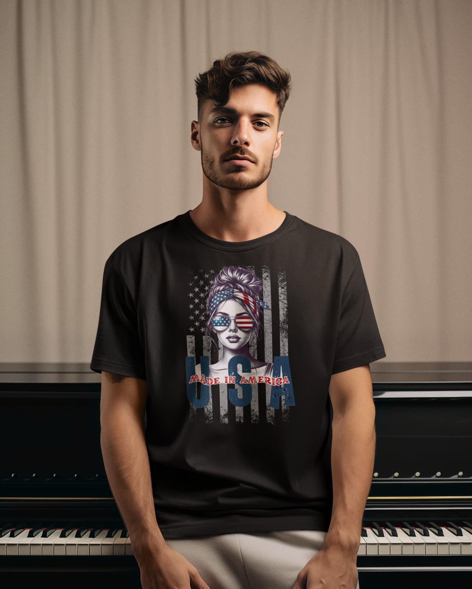 Man wearing a black t-shirt with a graphic design sitting in front of a piano.