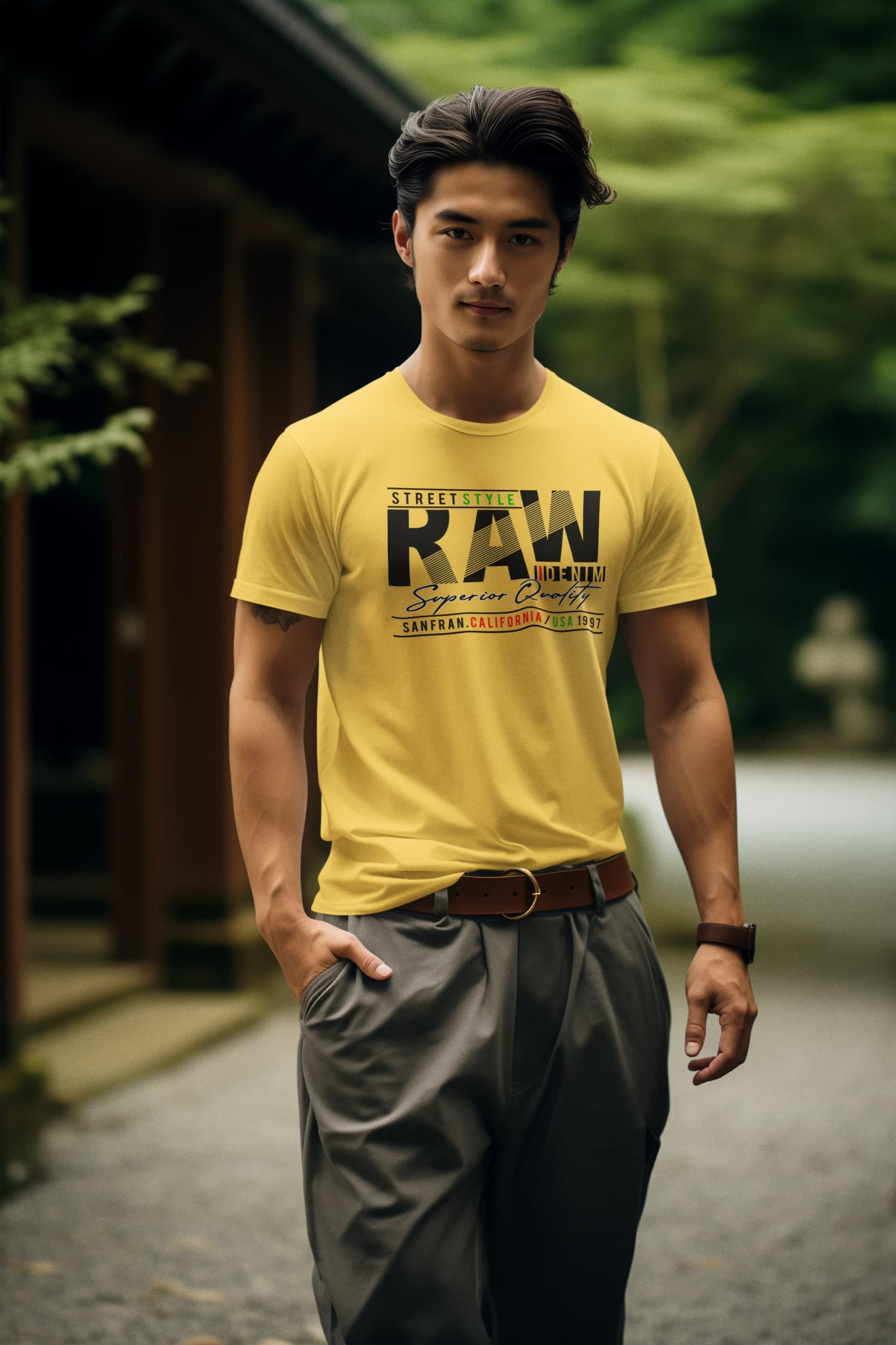 Man wearing a yellow t-shirt with text standing outdoors