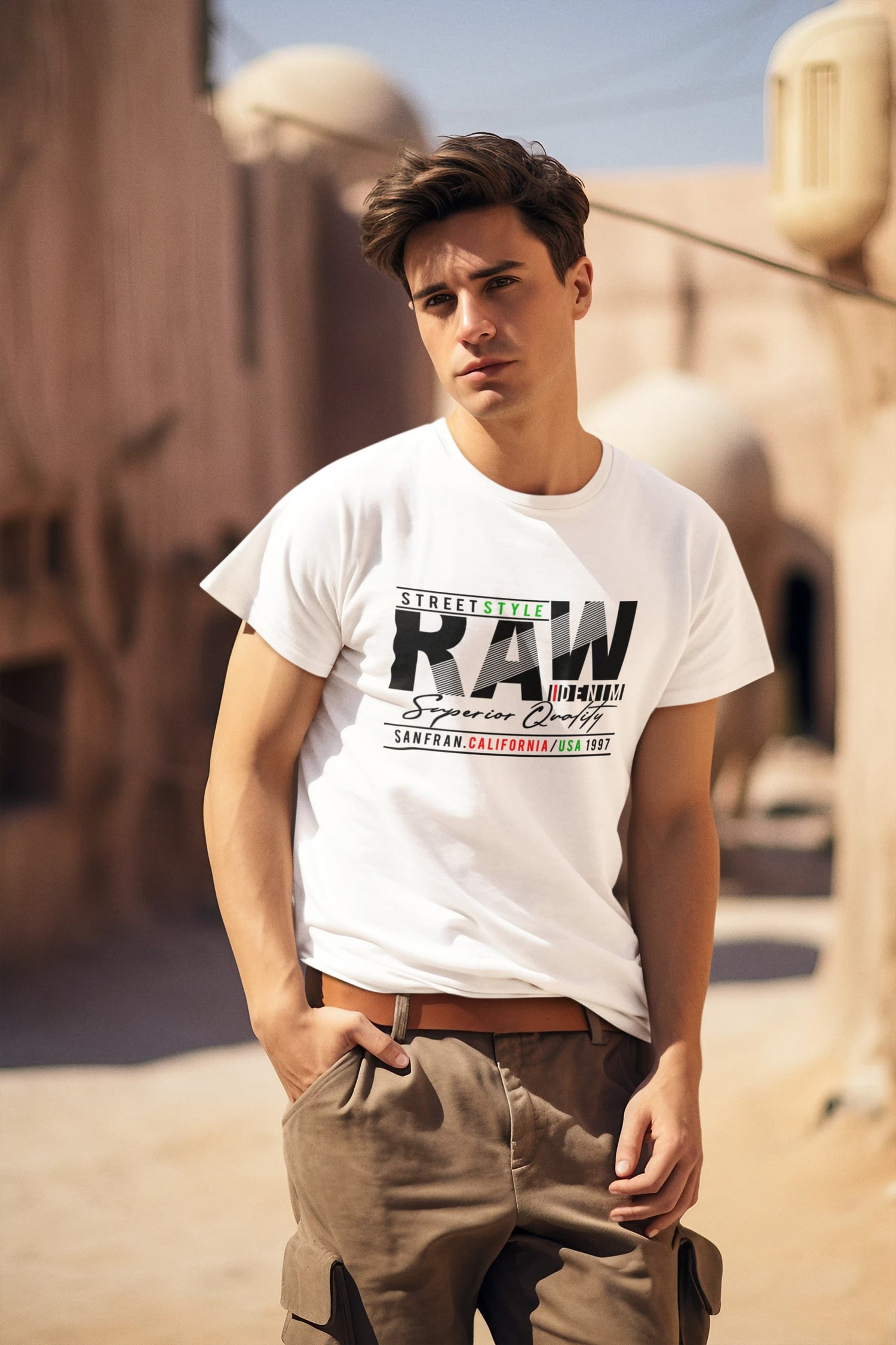Man wearing a white t-shirt with text standing outdoors.