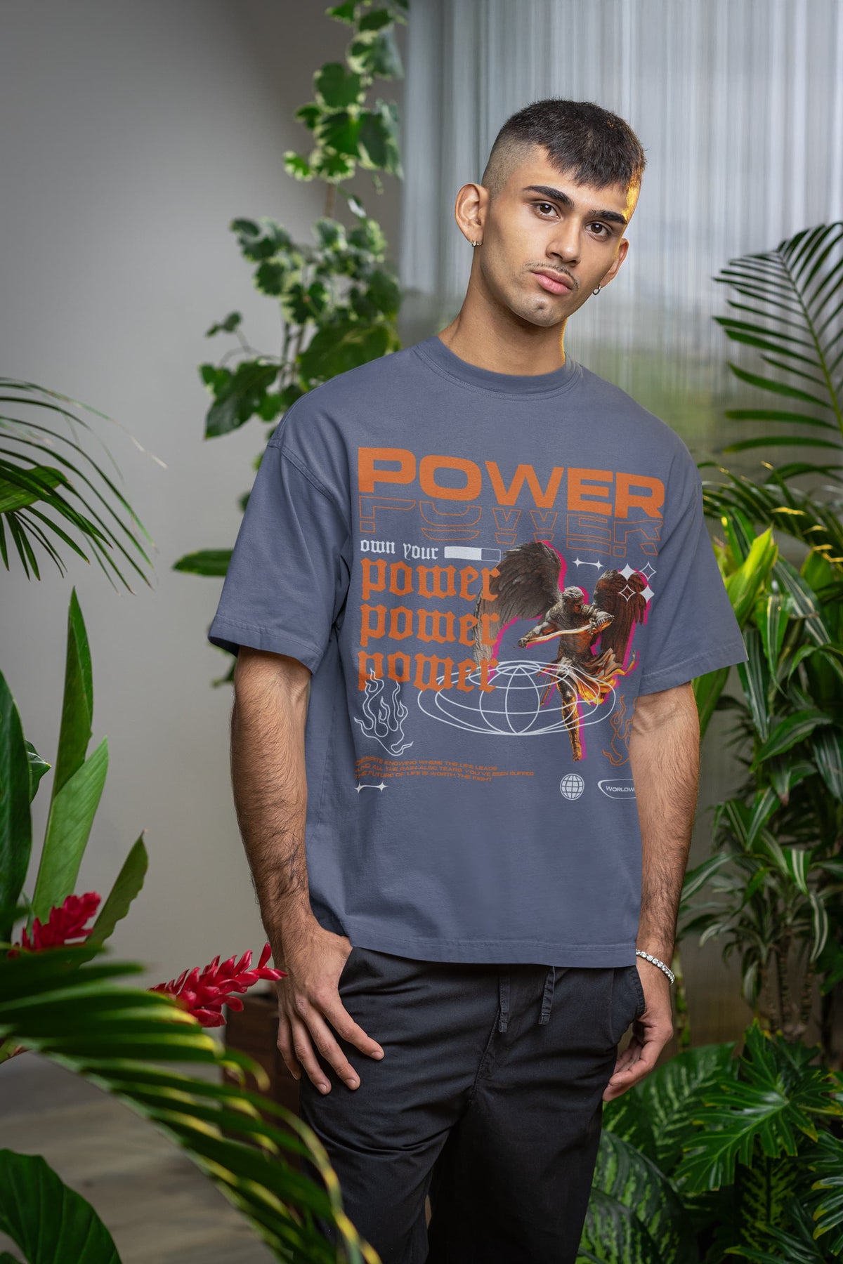 Men's Steel Grey Oversized Round Neck T-shirts