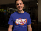 Person wearing a blue t-shirt with 'Retro Future' design in a casual setting